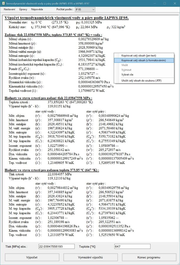 Program pro termodynamické vlastnosti vody a páry - ukázka