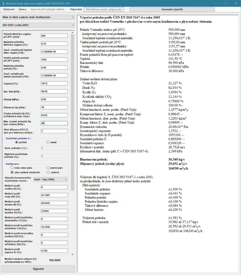 Program pro výpočet množství vody, páry a plynů, ukázka